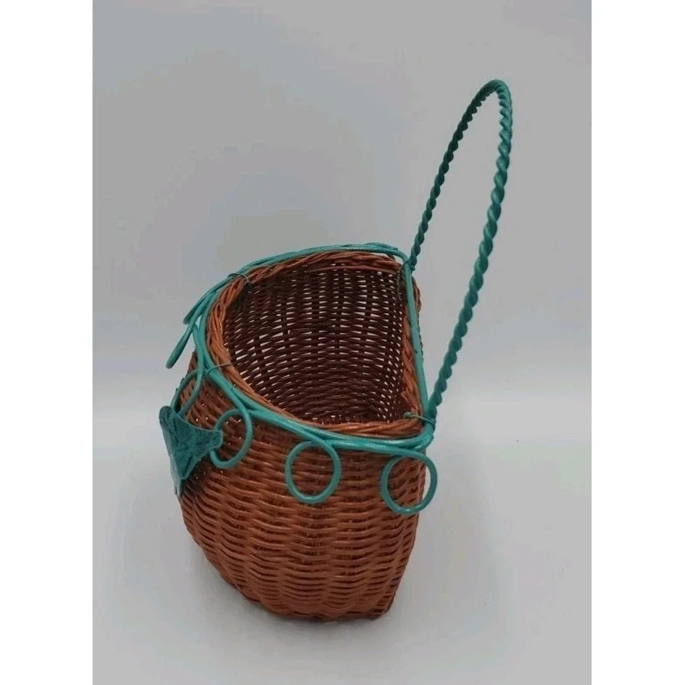 Decorative Hanging Wicker Basket with Green Metal Wire Cottagecore
